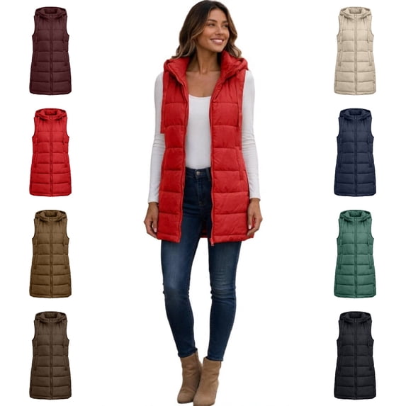DISKEBUISS Women's Long Hooded Puffer Vest Sleeveless Quilted Mid-Length Padded Gilet with Pockets for Fall Winter
