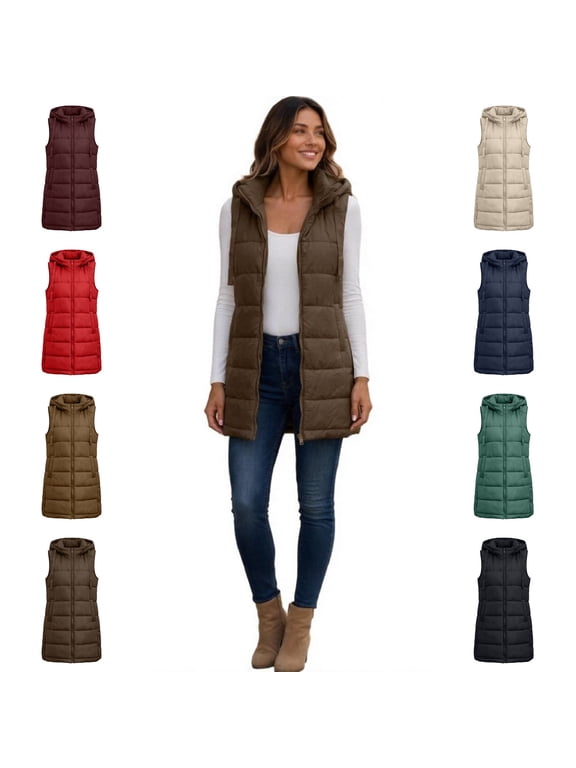 Women's Long Hooded Puffer Vest Sleeveless Quilted Mid-Length Padded Gilet with Pockets for Fall Winter