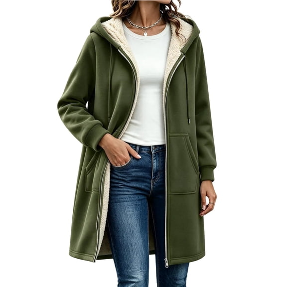 DISKEBUISS Women's Long Hooded Sherpa Lined Coat Full Zip Warm Mid-Length Winter Jacket with Pockets