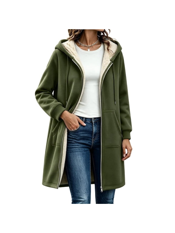 Women's Long Hooded Sherpa Lined Coat Full Zip Warm Mid-Length Winter Jacket with Pockets