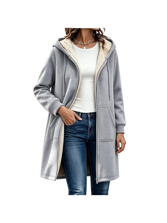 Women's Long Hooded Sherpa Lined Coat Full Zip Warm Mid-Length Winter Jacket with Pockets