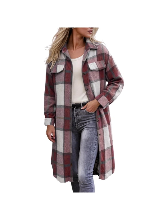 Women's Long Plaid Shacket Oversized Brushed Flannel Button Down Long Sleeve Fall Winter Coat with Pockets