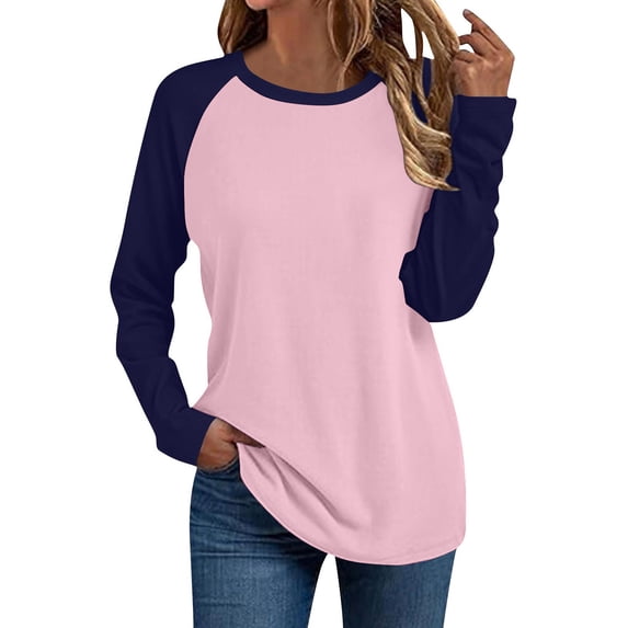 DISKEBUISS Women's Long Sleeve Raglan T-Shirts Crew Neck Color Block Tops for Fall Casual Loose Blouse