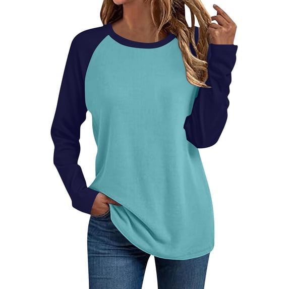 DISKEBUISS Women's Long Sleeve Raglan T-Shirts Crew Neck Color Block Tops for Fall Casual Loose Blouse