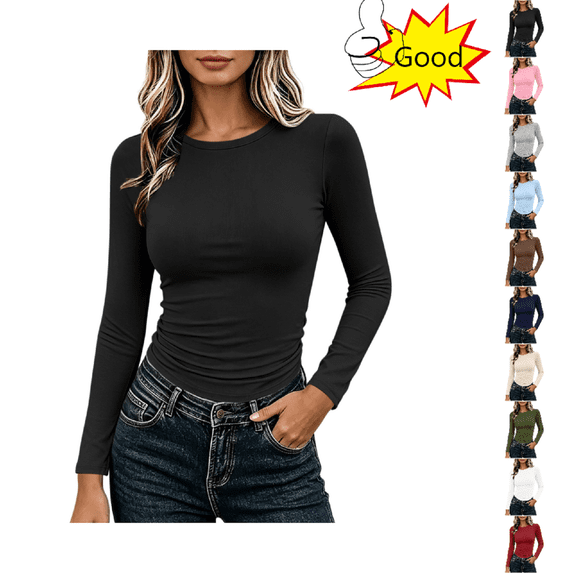 DISKEBUISS Women’s Long Sleeve Shirts Fitted Going Out Tops Stretch Crew Neck T-Shirt Slim Fit Casual Basic Top