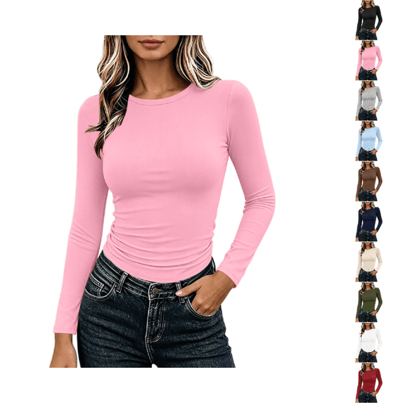 DISKEBUISS Women’s Long Sleeve Shirts Fitted Going Out Tops Stretch Crew Neck T-Shirt Slim Fit Casual Basic Top