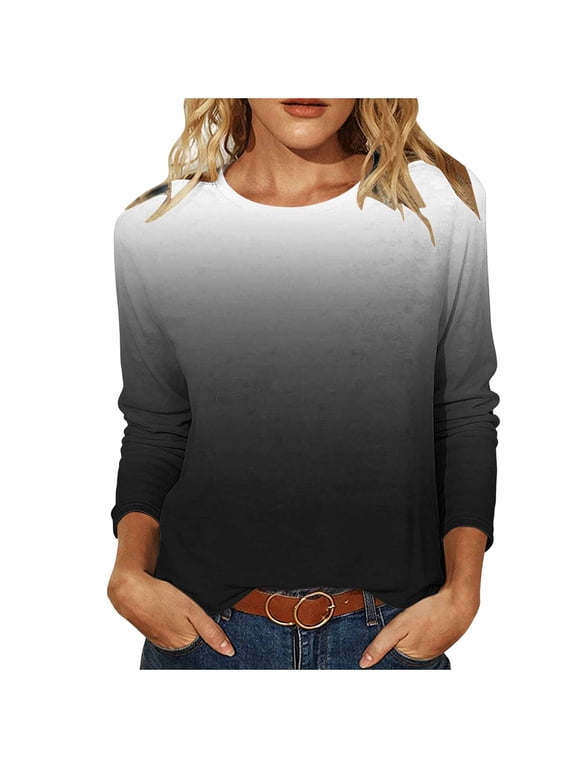 Women's Ombre T-Shirt Long Sleeve Crew Neck Soft Loose Fit Tops for Fall & Winter Daily