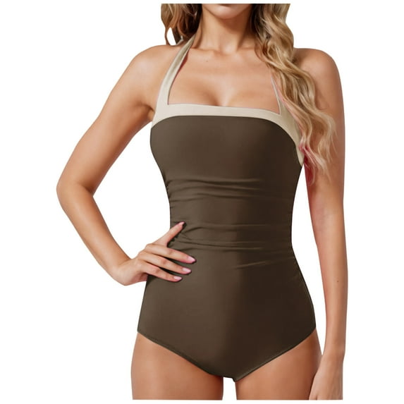 DISKEBUISS Women's One Pieces Swimsuit Color Block Flattering High Cut Bathing Suit High Waisted Ruched Swimwear S-XXL