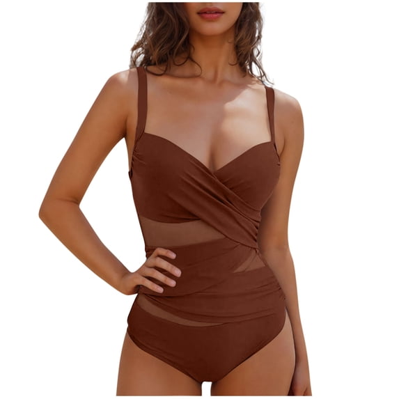 DISKEBUISS Women's One Pieces Swimsuit V Neck Back Hook Cutout Adjustable Straps Ruched Mesh Bathing Suit Swimwear S-XXL