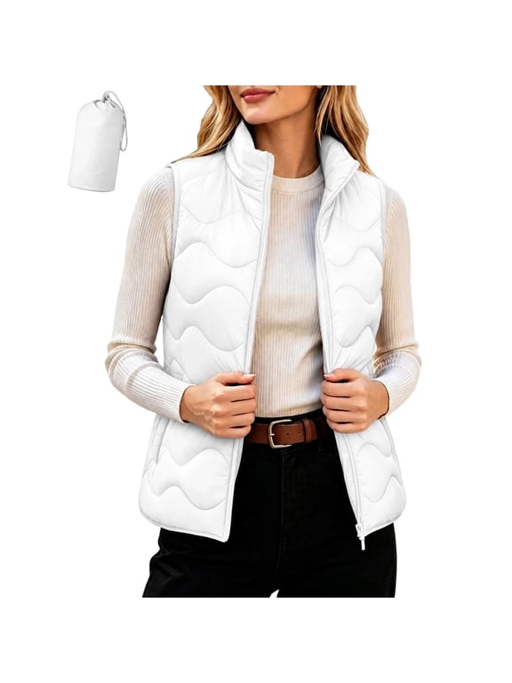 Women's Packable Quilted Puffer Vest Stand Collar Full Zip Lightweight Sleeveless Gilet with Storage Bag