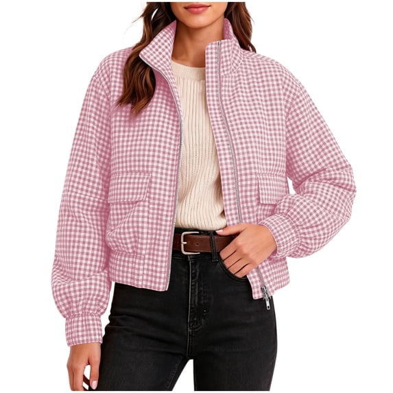 DISKEBUISS Women's Plaid Cropped Jacket Stand Collar Zip Up Coat with Pockets Loose Lightweight Outerwear for Winter Fall