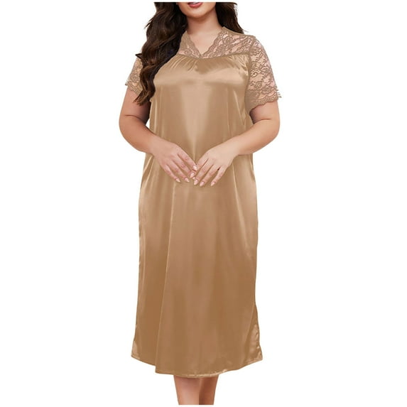 DISKEBUISS Women's Plus Size Short Sleeve V-Neck Sleep Dress Solid Silk Lace Chemise Relaxed Fit Summer Sleepwear