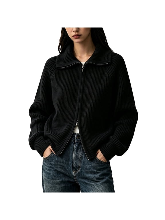 Women's Ribbed Knit Zip Up Cardigan Mock Neck Dual Zipper Loose Long Sleeve Sweater Jacket for Fall Winter
