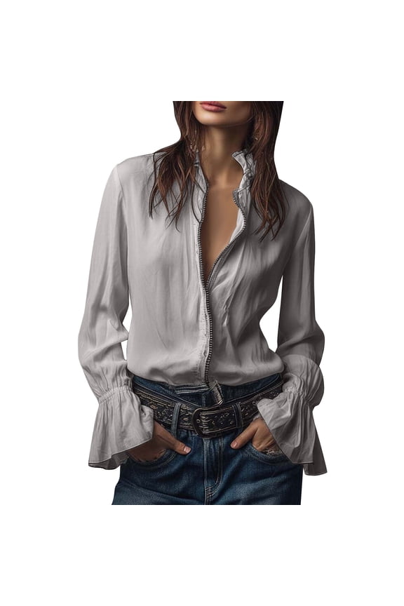 Women's Ruffled Cuff Blouse - Full Zip-Front Shirt for Casual, Going Out & Office Wear Cloths
