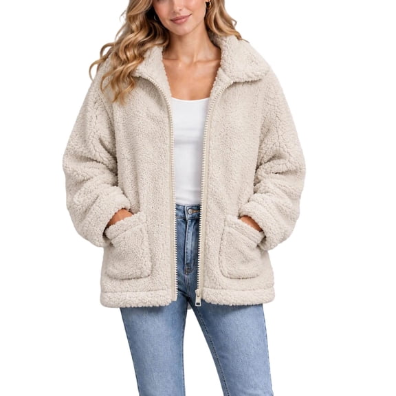 DISKEBUISS Women's Sherpa Fleece Jacket Lapel Full Zip Long Sleeve Fuzzy Coat with Pockets for Fall Winter Outerwear