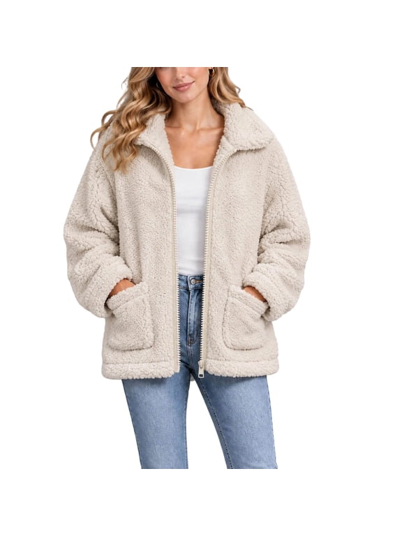 Women's Sherpa Fleece Jacket Lapel Full Zip Long Sleeve Fuzzy Coat with Pockets for Fall Winter Outerwear