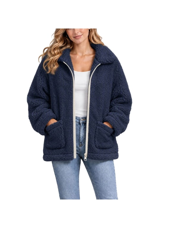 Women's Sherpa Fleece Jacket Lapel Full Zip Long Sleeve Fuzzy Coat with Pockets for Fall Winter Outerwear