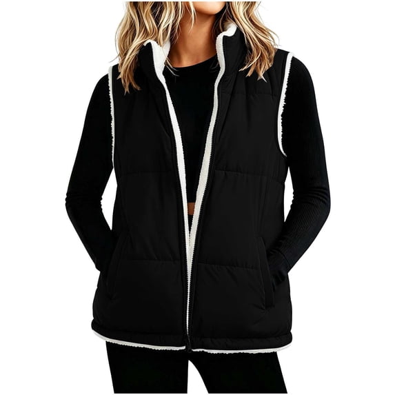 DISKEBUISS Women's Sherpa Lined Puffer Vest Stand Collar Full Zip Quilted Gilet with Pockets for Fall Winter