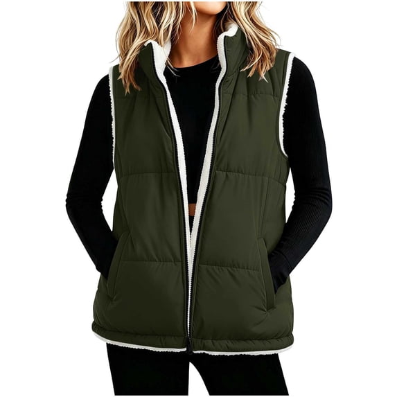 DISKEBUISS Women's Sherpa Lined Puffer Vest Stand Collar Full Zip Quilted Gilet with Pockets for Fall Winter