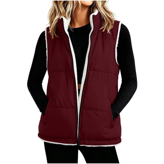 DISKEBUISS Women's Sherpa Lined Puffer Vest Stand Collar Full Zip Quilted Gilet with Pockets for Fall Winter