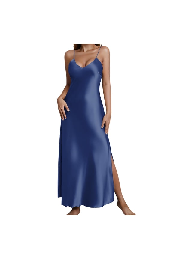 Women's Side Split Dresses - Sexy V Neck Halter Satin Dress for Casual Daily & Party Wear
