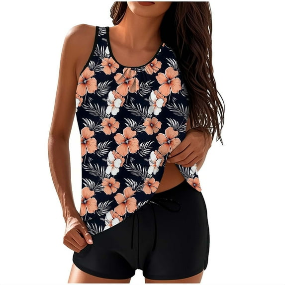 DISKEBUISS Women's Sleeveless Swimsuit Fashion Print Swim Tank Top with Boyshorts Swimwear