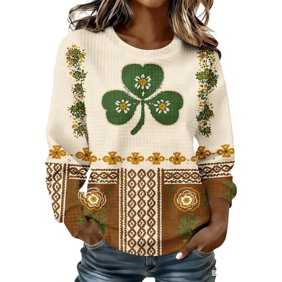 DISKEBUISS Women's St Patricks Day Sweatshirt Casual Print Crew Neck Long Sleeve Shirt Loose Fit Tops
