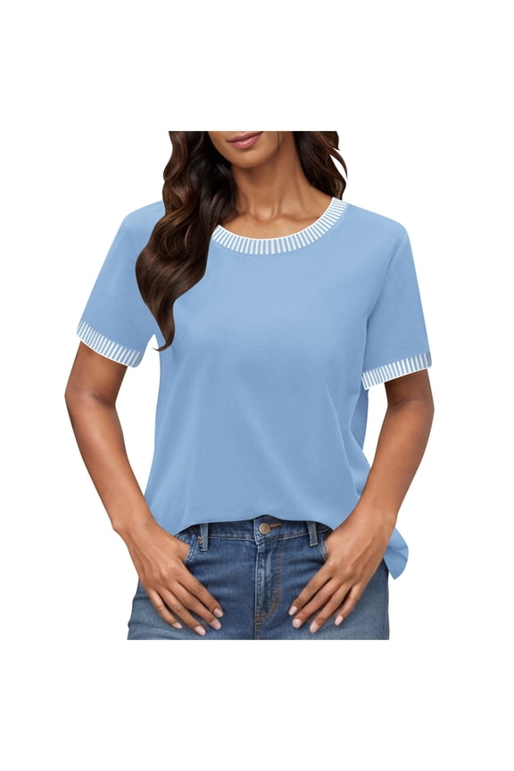 Women's Striped Color Block Top - Lightweight Crew Neck Short Sleeve Blouse for Casual Vacation & Work Wear