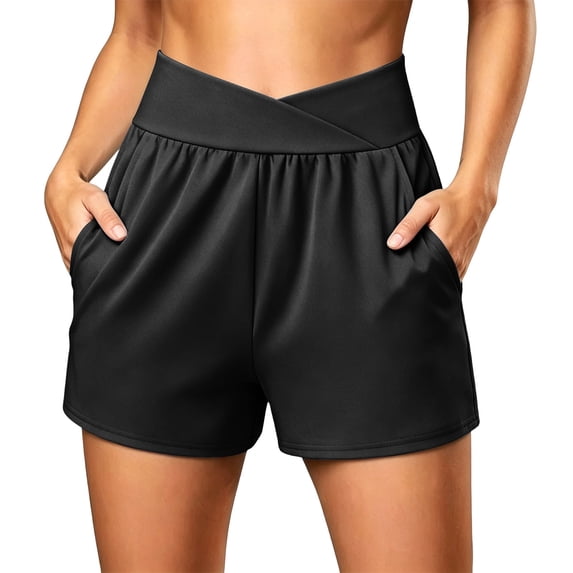 DISKEBUISS Women's Summer Athletic Shorts Crossover High Waisted Gym Loose Short Pants with Pockets