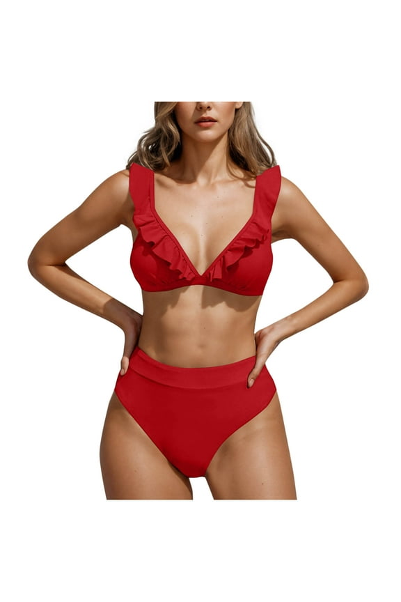 Women's Swimsuits Flattering Solid Color Sexy Ruffle Backless Summer Bikinis Beach Vacation Fashion
