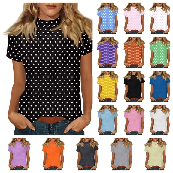 DISKEBUISS Women's Turtleneck Tops Fashion Polka Dot Print Short Sleeve Blouse for Casual Daily Comfort