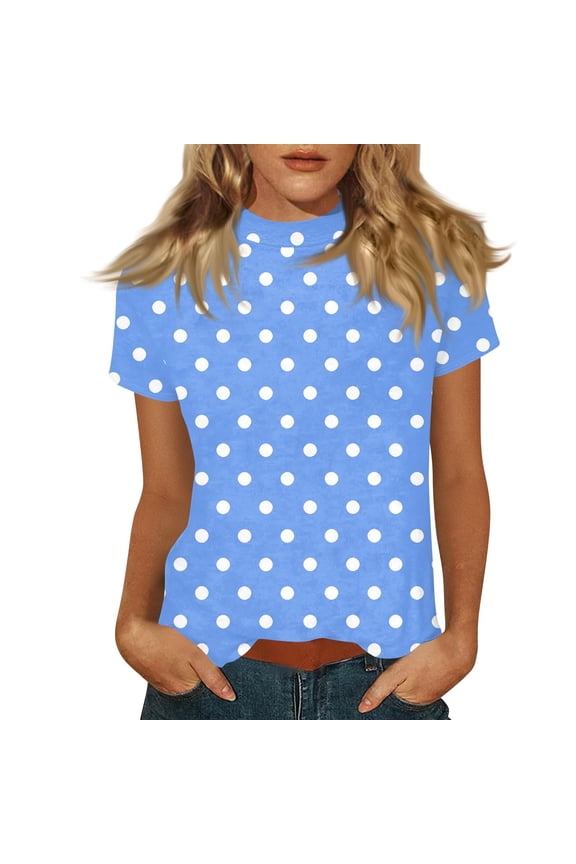 Women's Turtleneck Tops Fashion Polka Dot Print Short Sleeve Blouse for Casual Daily Comfort