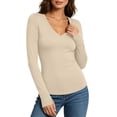 thumbnail image 1 of DISKEBUISS Women's V Neck Long Sleeve Fitted T-Shirt Stretchy Slim Basic Top with Thumb Holes for Daily Layering, 1 of 8