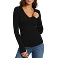 thumbnail image 1 of DISKEBUISS Women's V Neck Long Sleeve Fitted T-Shirt Stretchy Slim Basic Top with Thumb Holes for Daily Layering, 1 of 8