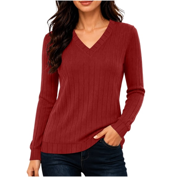 DISKEBUISS Women's V‑Neck Ribbed Knit Sweater Long Sleeve Casual Pullover Tops for Winter Fall Daily