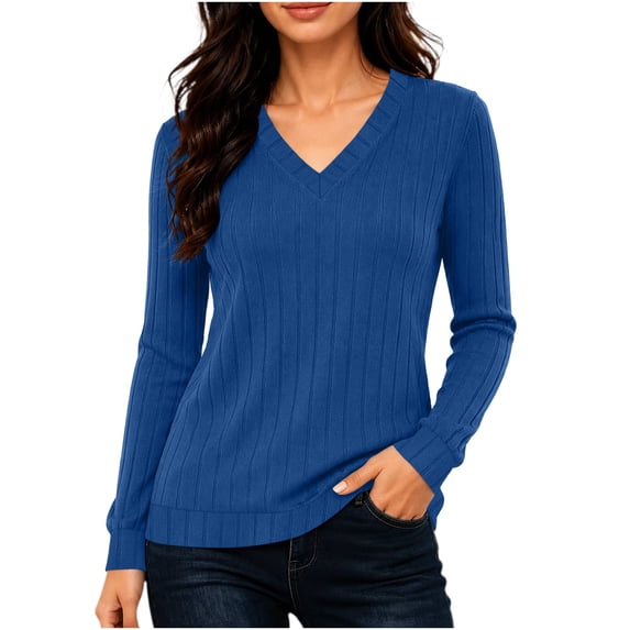 DISKEBUISS Women's V‑Neck Ribbed Knit Sweater Long Sleeve Casual Pullover Tops for Winter Fall Daily