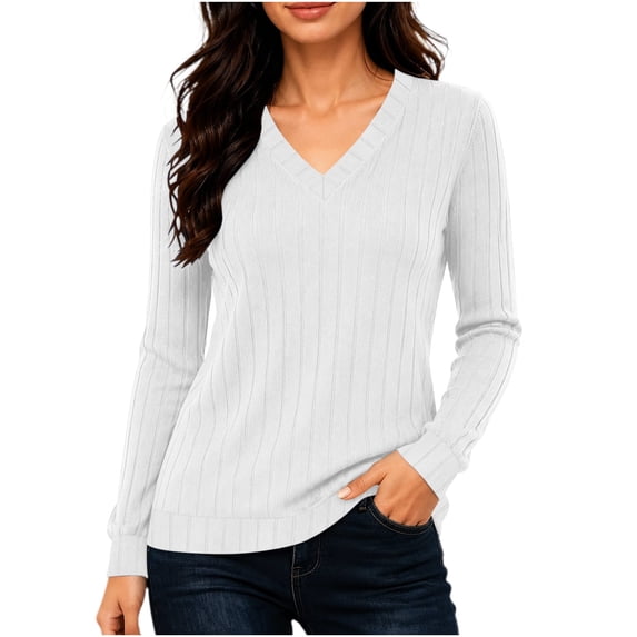 DISKEBUISS Women's V‑Neck Ribbed Knit Sweater Long Sleeve Casual Pullover Tops for Winter Fall Daily