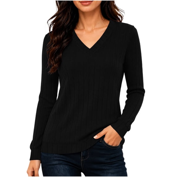 DISKEBUISS Women's V‑Neck Ribbed Knit Sweater Long Sleeve Casual Pullover Tops for Winter Fall Daily
