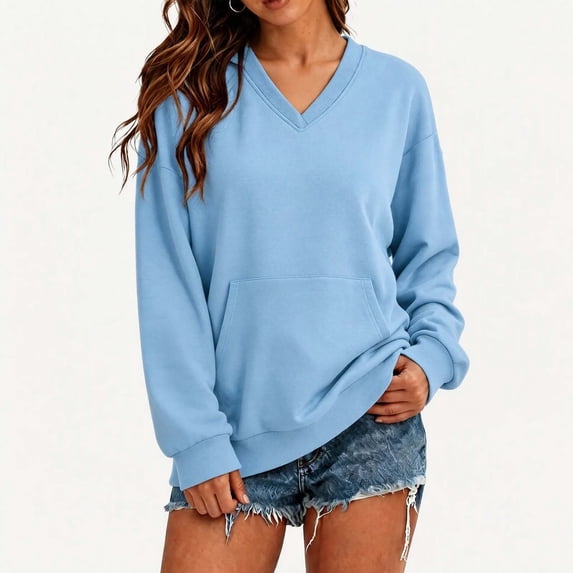 DISKEBUISS Women's V Neck Sweatshirt Long Sleeve Oversized Top with Kangaroo Pocket for Fall Winter Casual Pullover