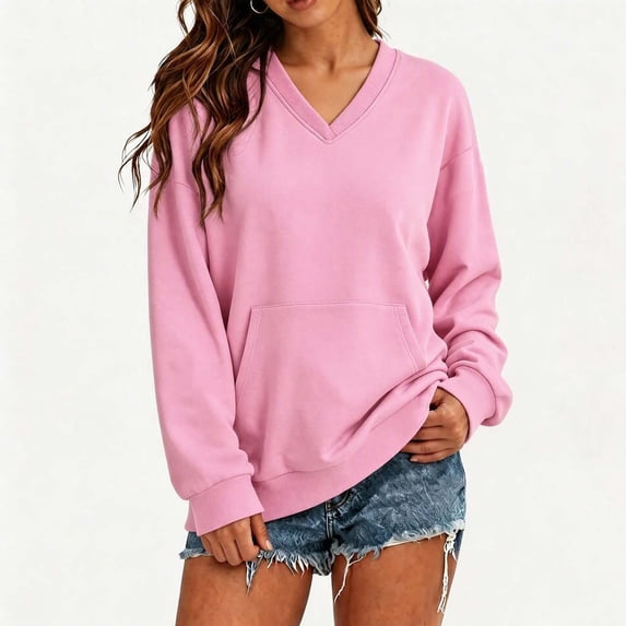 DISKEBUISS Women's V Neck Sweatshirt Long Sleeve Oversized Top with Kangaroo Pocket for Fall Winter Casual Pullover