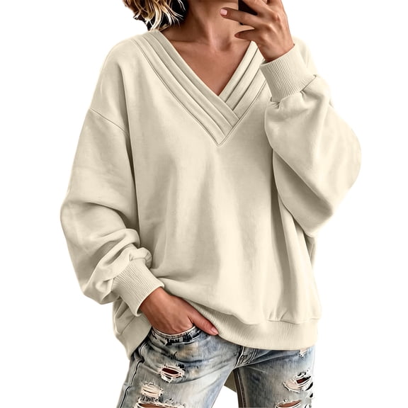 DISKEBUISS Women's V Neck Sweatshirt Oversized Balloon Long Sleeve Solid Pullover Top for Fall Winter Casual Wear