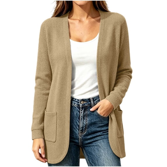 DISKEBUISS Women's Waffle Knit Cardigan Long Sleeve Casual Mid‑Length Knitted Sweater Coat with Pockets for Fall Daily