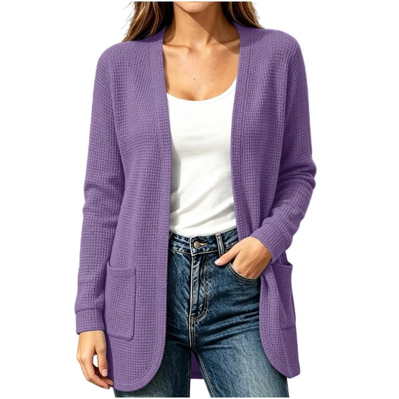 DISKEBUISS Women's Waffle Knit Cardigan Long Sleeve Casual Mid‑Length Knitted Sweater Coat with Pockets for Fall Daily