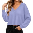 thumbnail image 1 of DISKEBUISS Women's Waffle Knit Cropped Sweater Long Lantern Sleeve V Neck Loose Fit Pullover Tops for Fall Casual, 1 of 8