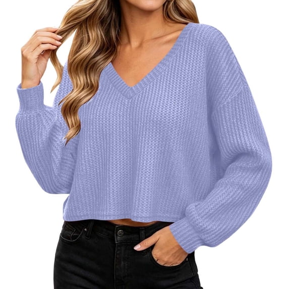 DISKEBUISS Women's Waffle Knit Cropped Sweater Long Lantern Sleeve V Neck Loose Fit Pullover Tops for Fall Casual