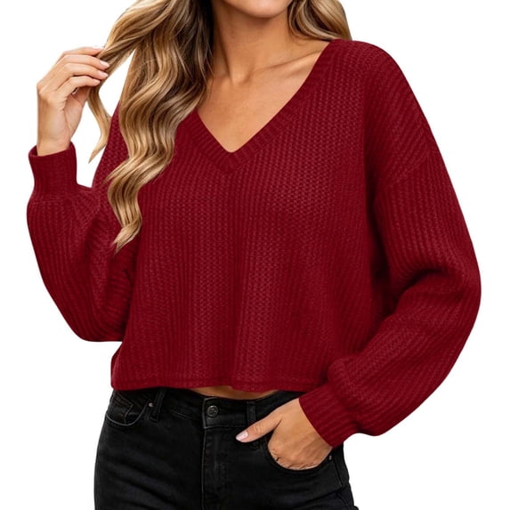 DISKEBUISS Women's Waffle Knit Cropped Sweater Long Lantern Sleeve V Neck Loose Fit Pullover Tops for Fall Casual