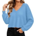 thumbnail image 1 of DISKEBUISS Women's Waffle Knit Cropped Sweater Long Lantern Sleeve V Neck Loose Fit Pullover Tops for Fall Casual, 1 of 7