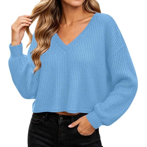 DISKEBUISS Women's Waffle Knit Cropped Sweater Long Lantern Sleeve V Neck Loose Fit Pullover Tops for Fall Casual