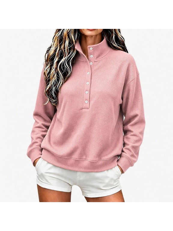 Women's Waffle Knit Henley Sweatshirt Long Sleeve Stand Collar Button Pullover for Fall Loose Casual Top