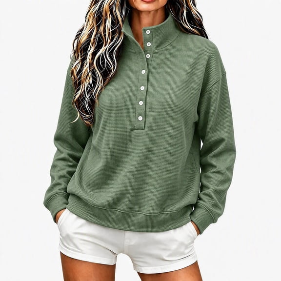 DISKEBUISS Women's Waffle Knit Henley Sweatshirt Long Sleeve Stand Collar Button Pullover for Fall Loose Casual Top